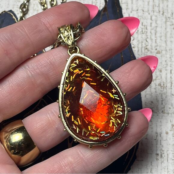 Vintage GEORGE Large Oversized Gold Tone and Amber Confetti Pendant Necklace D2 - Picture 9 of 12